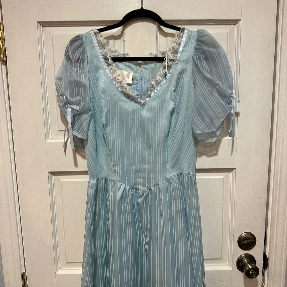 Young Love of California Blue Stripe Maxi Long Dress Prom Bridesmaid Vtg Junior